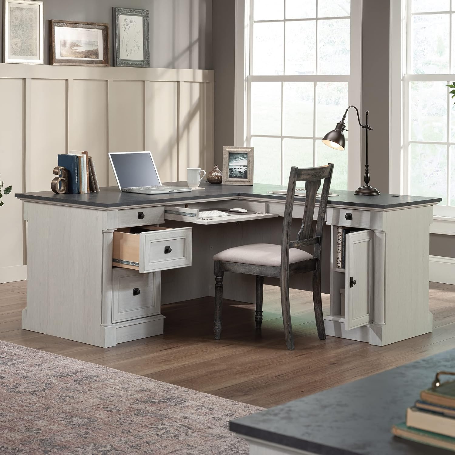 Sauder Palladia L Shaped Desk with Drawers, Office Desk with File Cabinet Storage, Cable Management, Keyboard Tray, in Glacier Oak Finish Sauder Palladia L Shaped Desk with Drawers, Office Desk with File Cabinet Storage, Cable Management, Keyboard Tray, in Glacier Oak Finish - Image 7