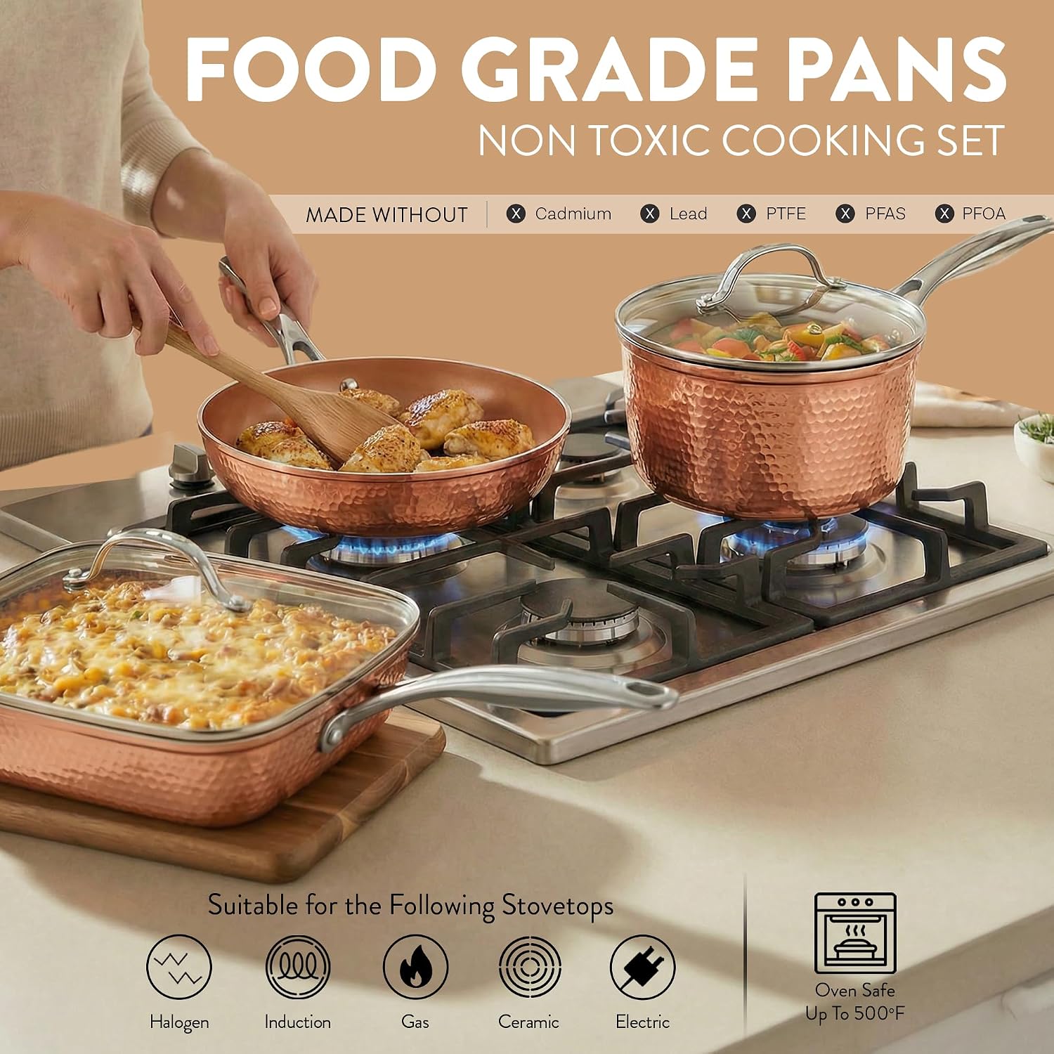 GOTHAM STEEL HAMMERED 20 Pc Pots and Pans Set Non Stick Ceramic Cookware | Deep Frying Pan & Bakeware Set Included, Non Toxic PFOA/PFOS Free, Induction Compatible, Oven & Dishwasher Safe, Copper GOTHAM STEEL HAMMERED 20 Pc Pots and Pans Set Non Stick Ceramic Cookware | Deep Frying Pan & Bakeware Set Included, Non Toxic PFOA/PFOS Free, Induction Compatible, Oven & Dishwasher Safe, Copper - Image 5