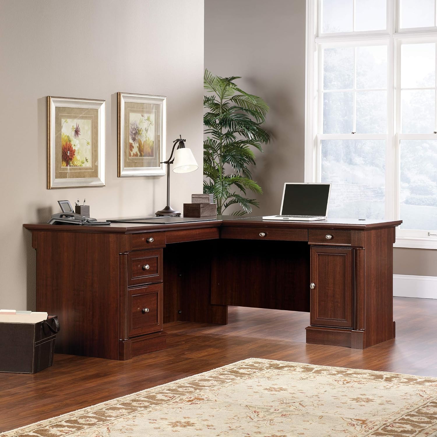 Sauder Palladia L Shaped Desk with Drawers, Office Desk with File Cabinet Storage, Cable Management, Keyboard Tray, in Select Cherry finish Sauder Palladia L Shaped Desk with Drawers, Office Desk with File Cabinet Storage, Cable Management, Keyboard Tray, in Select Cherry finish - Image 4