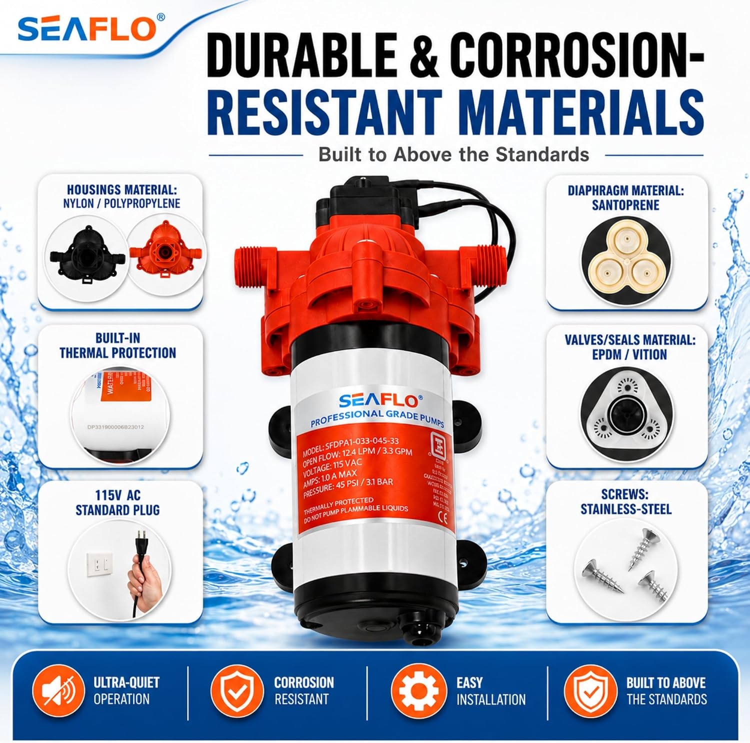 SEAFLO 33 Series 110V/115V AC Fresh Water Pump, 3.3 GPM 45 PSI Self-Priming Pressure Pump with Smart Pressure Switch, Automatic Demand Pump for RV, Caravan Marine Boat Industrial Use, 4-Year Warranty SEAFLO 33 Series 110V/115V AC Fresh Water Pump, 3.3 GPM 45 PSI Self-Priming Pressure Pump with Smart Pressure Switch, Automatic Demand Pump for RV, Caravan Marine Boat Industrial Use, 4-Year Warranty - Image 9