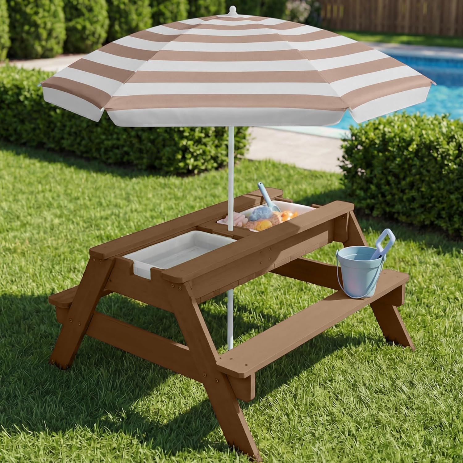 81vjxc7zzBL._AC_SL1500_.jpg Best Choice Products Kids Picnic Table with Umbrella, 3-in-1 Sand & Water Table, Outdoor Convertible Picnic Table for Toddlers, Seats 4, Removable Top, 2 Buckets - Beige