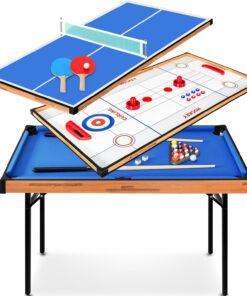 SereneLife 4 in 1 Multi Game Table, 4’x2’ Folding Portable Sports Arcade Games with Accessories, Ping Pong, Air Hockey, Pool Billiards, and Shuffleboard, for Indoor, Outdoor, All Ages