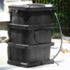 FCMP Outdoor Slim Line Design 45-Gallon Wood Grain Outdoor Home Rain Water Catcher Barrel Flat Back Container with Spigots and Mesh Screen, Black