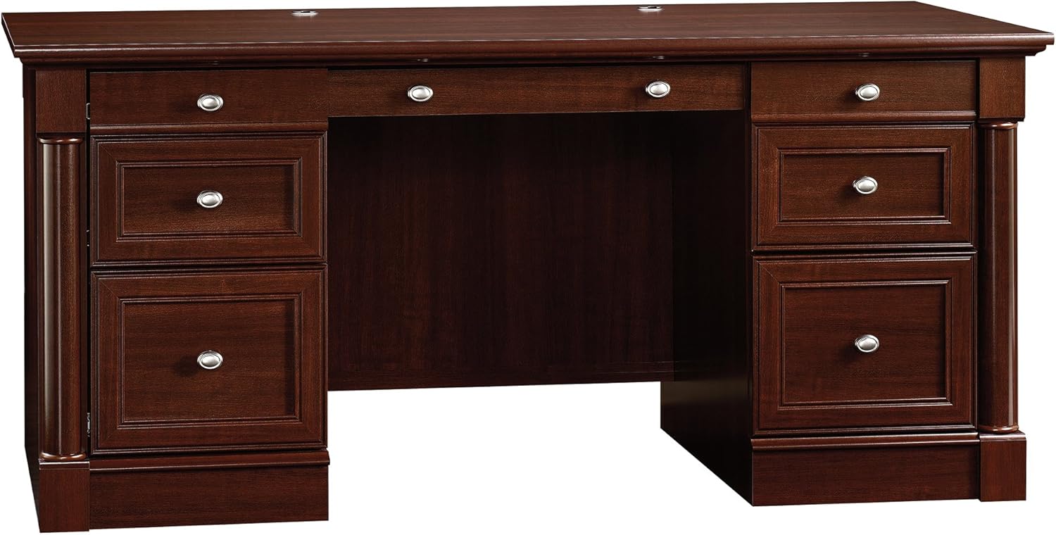 Sauder Palladia Office Desk with Drawers, Executive Desk with File Cabinet Storage, Cable Management, Keyboard Tray, in Select Cherry Finish Sauder Palladia Office Desk with Drawers, Executive Desk with File Cabinet Storage, Cable Management, Keyboard Tray, in Select Cherry Finish