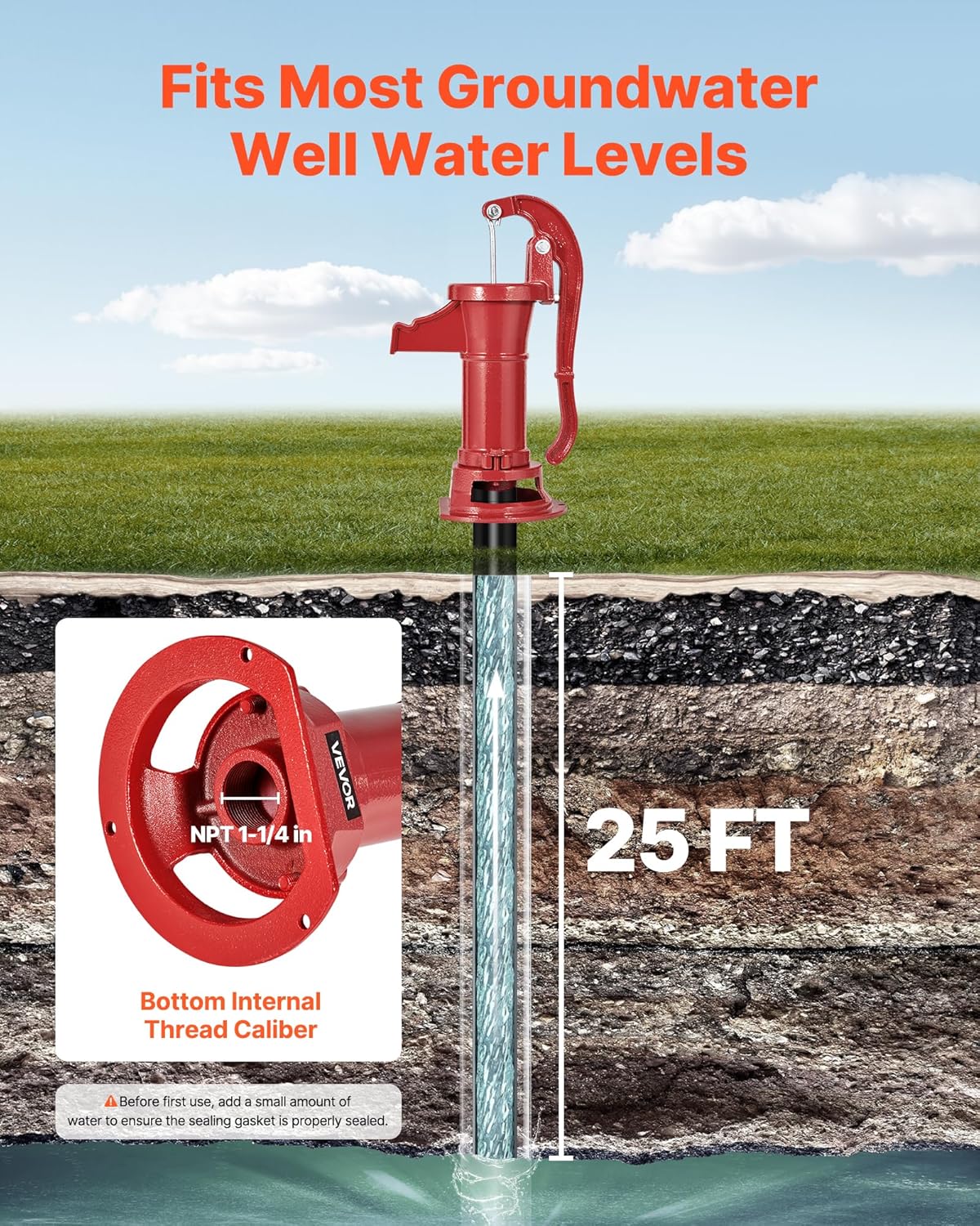 VEVOR Well Hand Pitcher Pump, 25 ft Maximum Lift, Antique Cast Iron Manual Hand Water Pump, NPT 1-1/4 in Connection, Easy Installation, Old Fashioned for Outdoor Garden, Pond, Backyard, Farm, Red VEVOR Well Hand Pitcher Pump, 25 ft Maximum Lift, Antique Cast Iron Manual Hand Water Pump, NPT 1-1/4 in Connection, Easy Installation, Old Fashioned for Outdoor Garden, Pond, Backyard, Farm, Red - Image 2