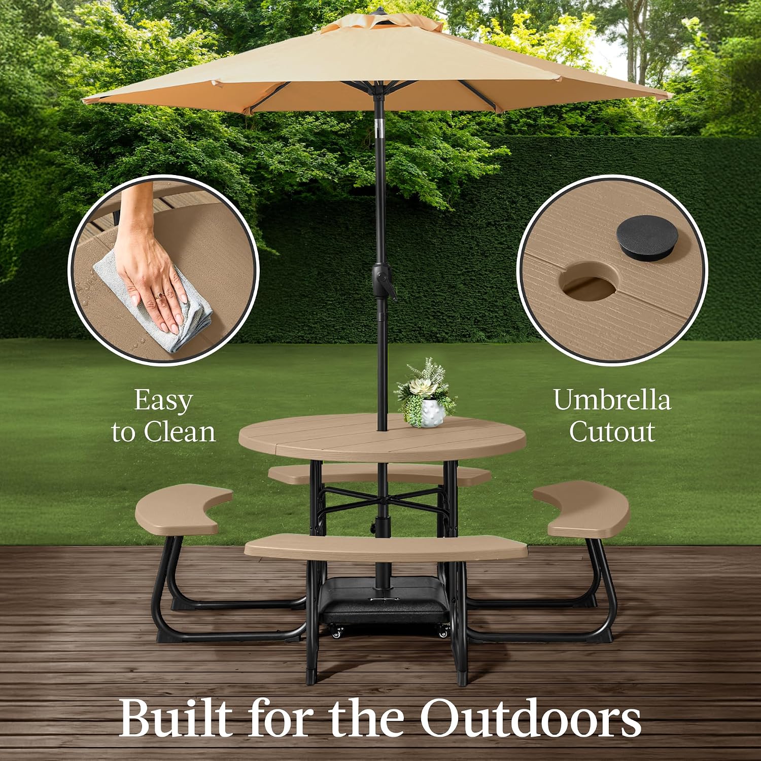 91B5d8g738L._AC_SL1500_.jpg Best Choice Products 8-Person Outdoor Bench Patio Picnic Table, Circular w/ 4 Built-in Benches and Umbrella Hole, 2000lb Capacity - Tan