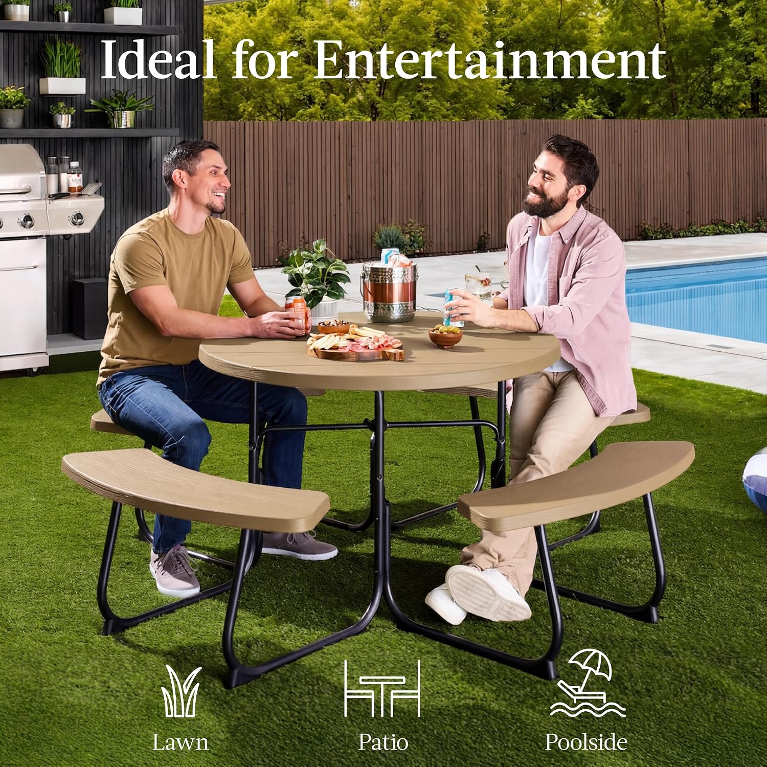 91CUCYBwNzL._AC_SL1500_.jpg Best Choice Products 8-Person Outdoor Bench Patio Picnic Table, Circular w/ 4 Built-in Benches and Umbrella Hole, 2000lb Capacity - Tan