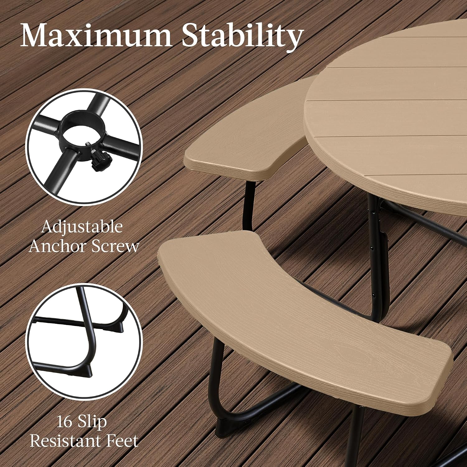91GiHEmAhL._AC_SL1500_.jpg Best Choice Products 8-Person Outdoor Bench Patio Picnic Table, Circular w/ 4 Built-in Benches and Umbrella Hole, 2000lb Capacity - Tan