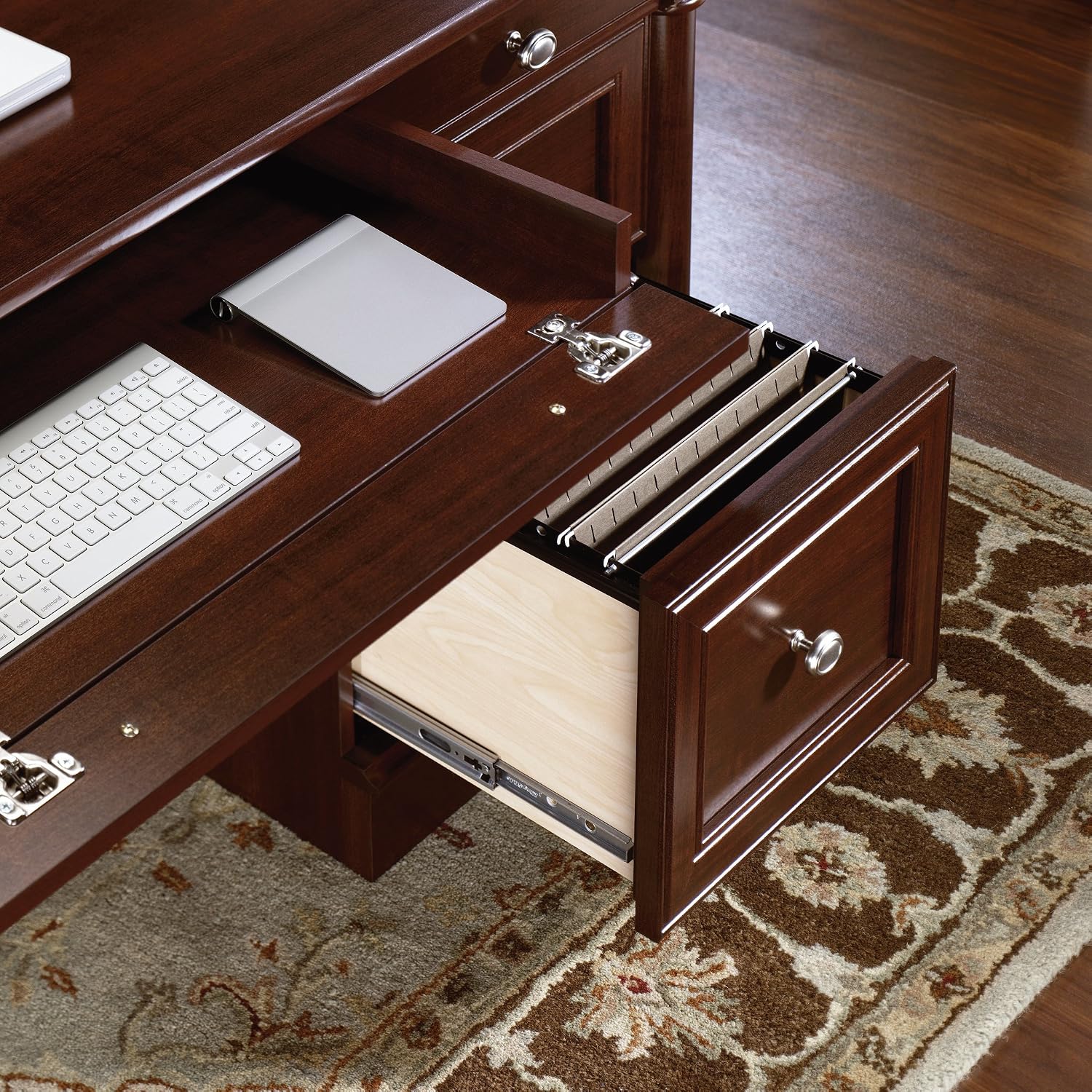 Sauder Palladia Office Desk with Drawers, Executive Desk with File Cabinet Storage, Cable Management, Keyboard Tray, in Select Cherry Finish Sauder Palladia Office Desk with Drawers, Executive Desk with File Cabinet Storage, Cable Management, Keyboard Tray, in Select Cherry Finish - Image 5