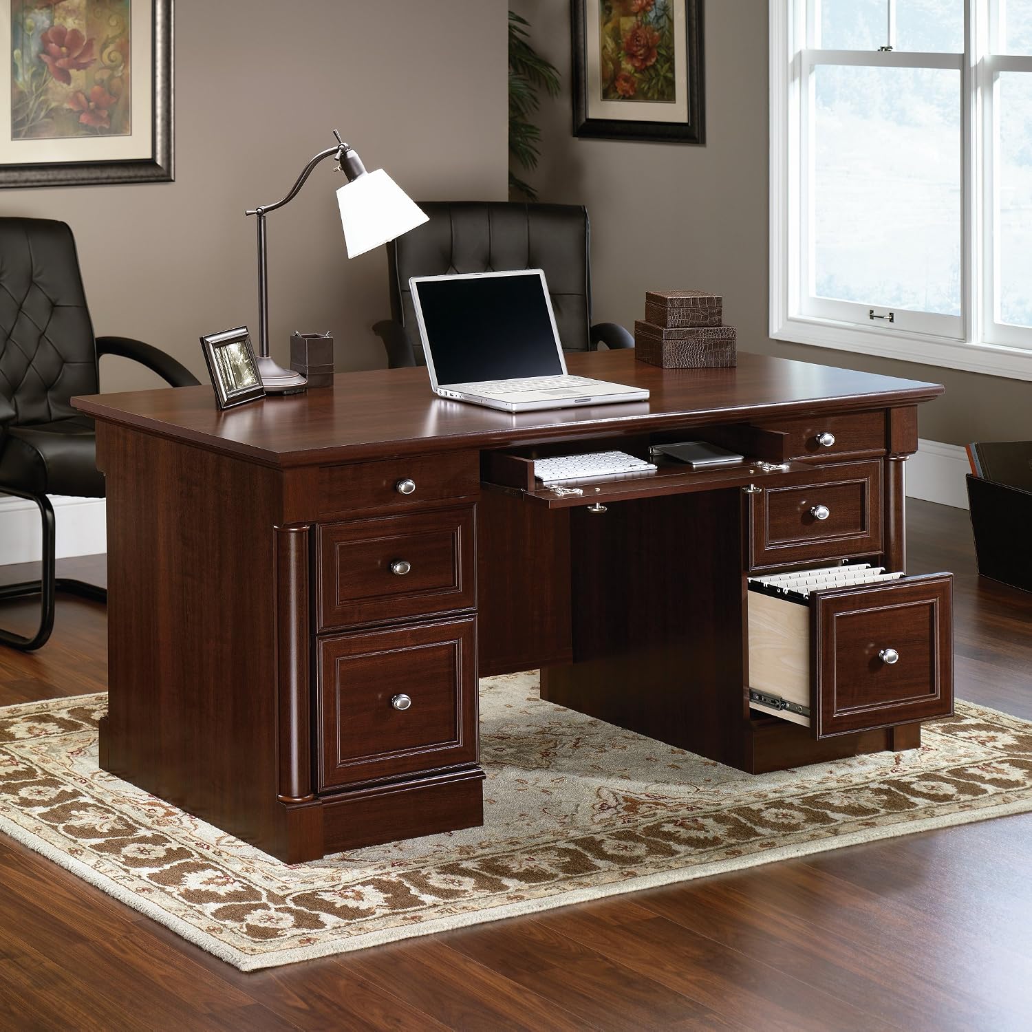 Sauder Palladia Office Desk with Drawers, Executive Desk with File Cabinet Storage, Cable Management, Keyboard Tray, in Select Cherry Finish Sauder Palladia Office Desk with Drawers, Executive Desk with File Cabinet Storage, Cable Management, Keyboard Tray, in Select Cherry Finish - Image 4