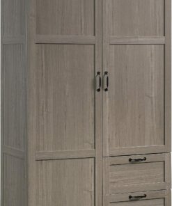 Sauder Select Multipurpose Bedroom Armoire Wardrobe Closet Pantry Storage Cabinet with Storage Drawers and Hanging Rail, in Silver Sycamore