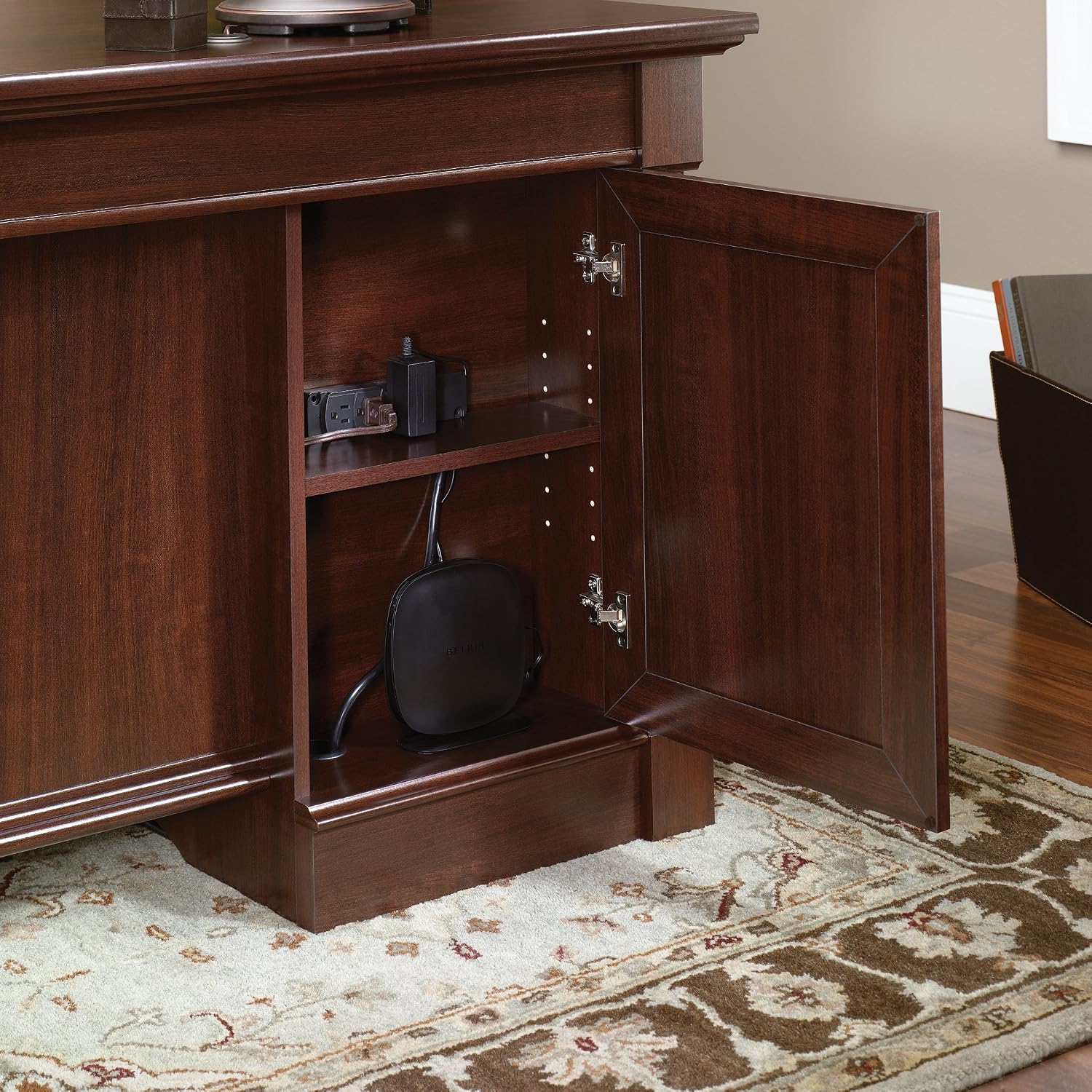Sauder Palladia Office Desk with Drawers, Executive Desk with File Cabinet Storage, Cable Management, Keyboard Tray, in Select Cherry Finish Sauder Palladia Office Desk with Drawers, Executive Desk with File Cabinet Storage, Cable Management, Keyboard Tray, in Select Cherry Finish - Image 7