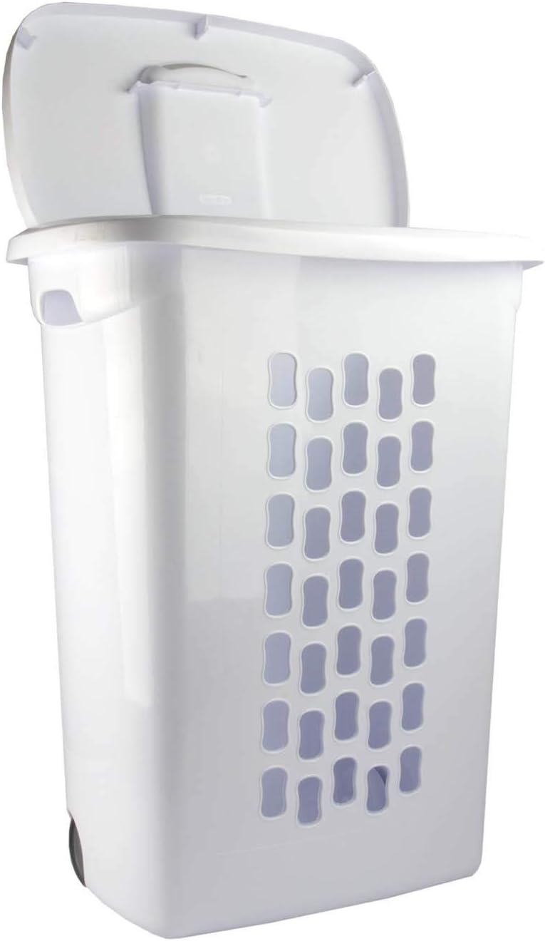Sterilite Ultra Wheeled Laundry Hamper with Lid, Handle and Wheels for Easy Rolling of Clothes to and from the Laundry Room, Plastic, White, 1-Pack, Portable Sterilite Ultra Wheeled Laundry Hamper with Lid, Handle and Wheels for Easy Rolling of Clothes to and from the Laundry Room, Plastic, White, 1-Pack, Portable - Image 3