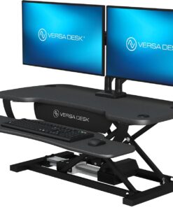VERSADESK PowerPro 36 Inch Electric Standing Desk Converter – Push-Button Height Adjustable Sit to Stand Desk Riser for Dual Monitors & Laptop – Motorized Desktop Workstation with Wide Keyboard Tray