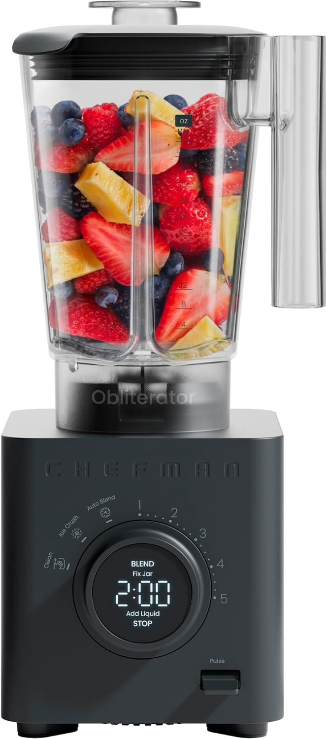 Chefman Obliterator 48 oz Countertop Blender for Smoothies, 1380W Motor to Crush Ice, Nuts, and Frozen Fruit with Stainless Steel Blade, Auto Blend Function, Includes Tamper and Scraper Chefman Obliterator 48 oz Countertop Blender for Smoothies, 1380W Motor to Crush Ice, Nuts, and Frozen Fruit with Stainless Steel Blade, Auto Blend Function, Includes Tamper and Scraper
