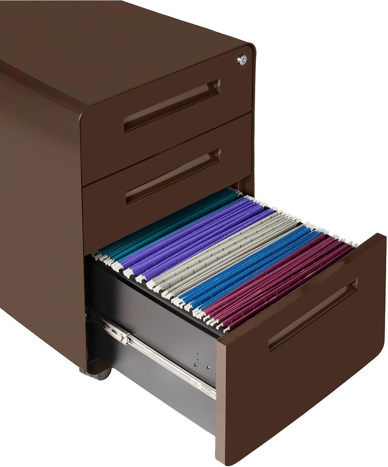 Laura Davidson Furniture Stockpile 3 Drawer File Cabinet with Lock - Under Office Desk Metal Filing Cabinet, Legal/Letter File Folders, Wheels and Stationary Feet, Pre-Assembled, Dark Brown Laura Davidson Furniture Stockpile 3 Drawer File Cabinet with Lock - Under Office Desk Metal Filing Cabinet, Legal/Letter File Folders, Wheels and Stationary Feet, Pre-Assembled, Dark Brown - Image 6
