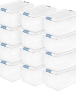 Sterilite 12 Pack Latching Box, Under Bed Storage Bins with Lids, Clear Plastic, 64 Quart - Heavy-Duty Organizing Containers for Closet, Bathroom, and Office