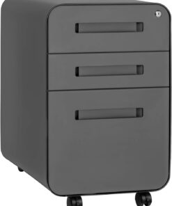Laura Davidson Furniture Stockpile 3 Drawer File Cabinet with Lock - Under Office Desk Metal Filing Cabinet, Legal/Letter File Folders, Wheels and Stationary Feet, Pre-Assembled, Dark Grey