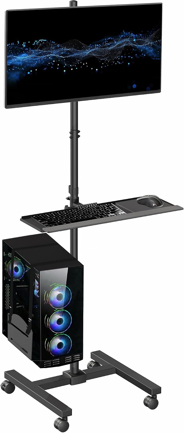 VIVO Black Mobile Computer Cart with Monitor Mount, CART-PC02T | Fits up to 32 inch Screens, Rolling PC Desk Workstation, Full Keyboard Tray, Adjustable CPU Holder VIVO Black Mobile Computer Cart with Monitor Mount, CART-PC02T