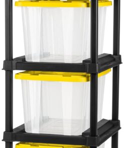 Sterilite 4-Tier Tote Rack & 4-Pack 27 Gallon Storage Box, Shelf and Tote Organizers - Plastic Shelving Unit and Container Bins for Bathroom, Garage, Pantry, Bookshelf, and Bedroom Organization