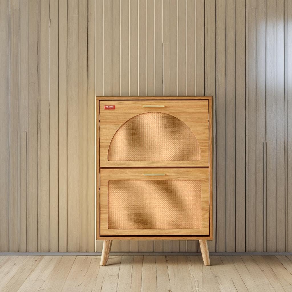 VEVOR Shoe Cabinet with 2 Flip Drawers, Shoe Storage Cabinet for Entryway, Free Standing Shoe Storage Organizer with Rattan Doors for Heels, Boots, Slippers in Hallway, Living Room VEVOR Shoe Cabinet with 2 Flip Drawers, Shoe Storage Cabinet for Entryway, Free Standing Shoe Storage Organizer with Rattan Doors for Heels, Boots, Slippers in Hallway, Living Room - Image 5