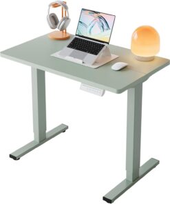 HUANUO 32x19 Inch Small Electric Standing Desk, Adjustable, Sage Green | 176 Lbs Capacity, Rounded Corners, Wheel-Ready Feet, Compact Desktop, Apartment Workspace, 28.3–46.5 Inch Height Range