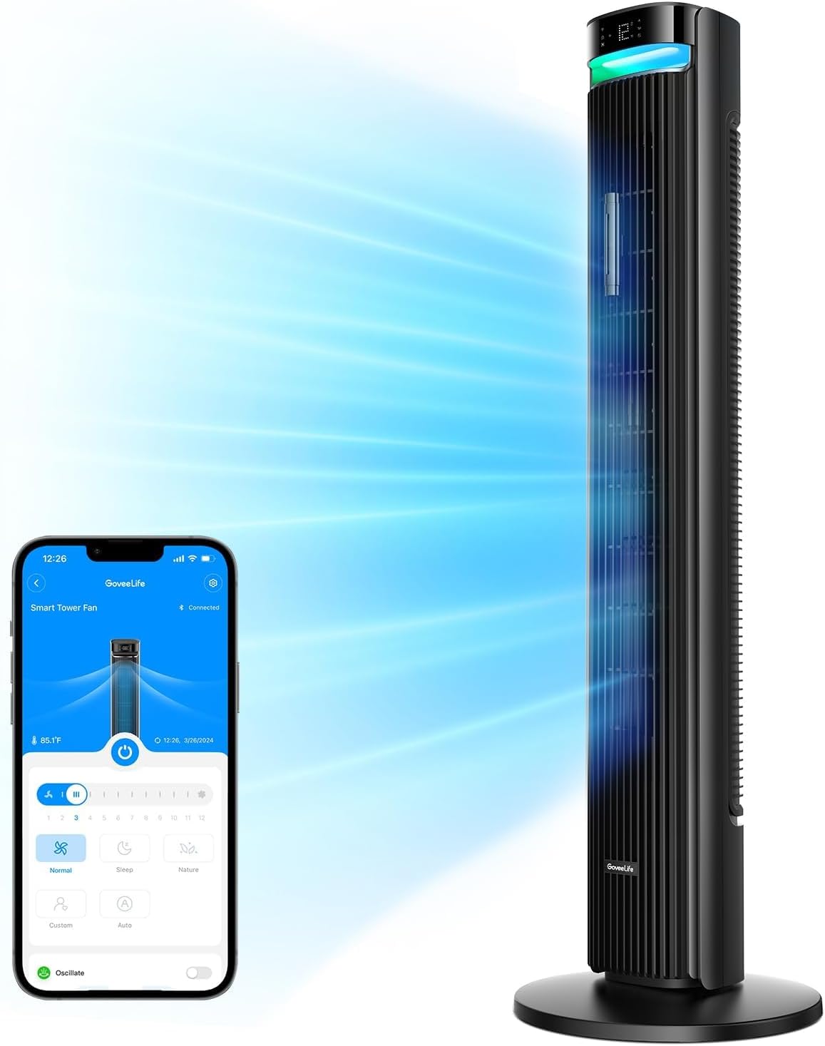 GoveeLife 42 in. Tower Fan, 150 Deg Oscillation, 5 Modes 12 Speeds, Black | Smart Floor Fans for Bedroom, up to 26ft/s, APP & Voice Control, 24H Timer, 27dB Bladeless Fan for Cooling Home Office