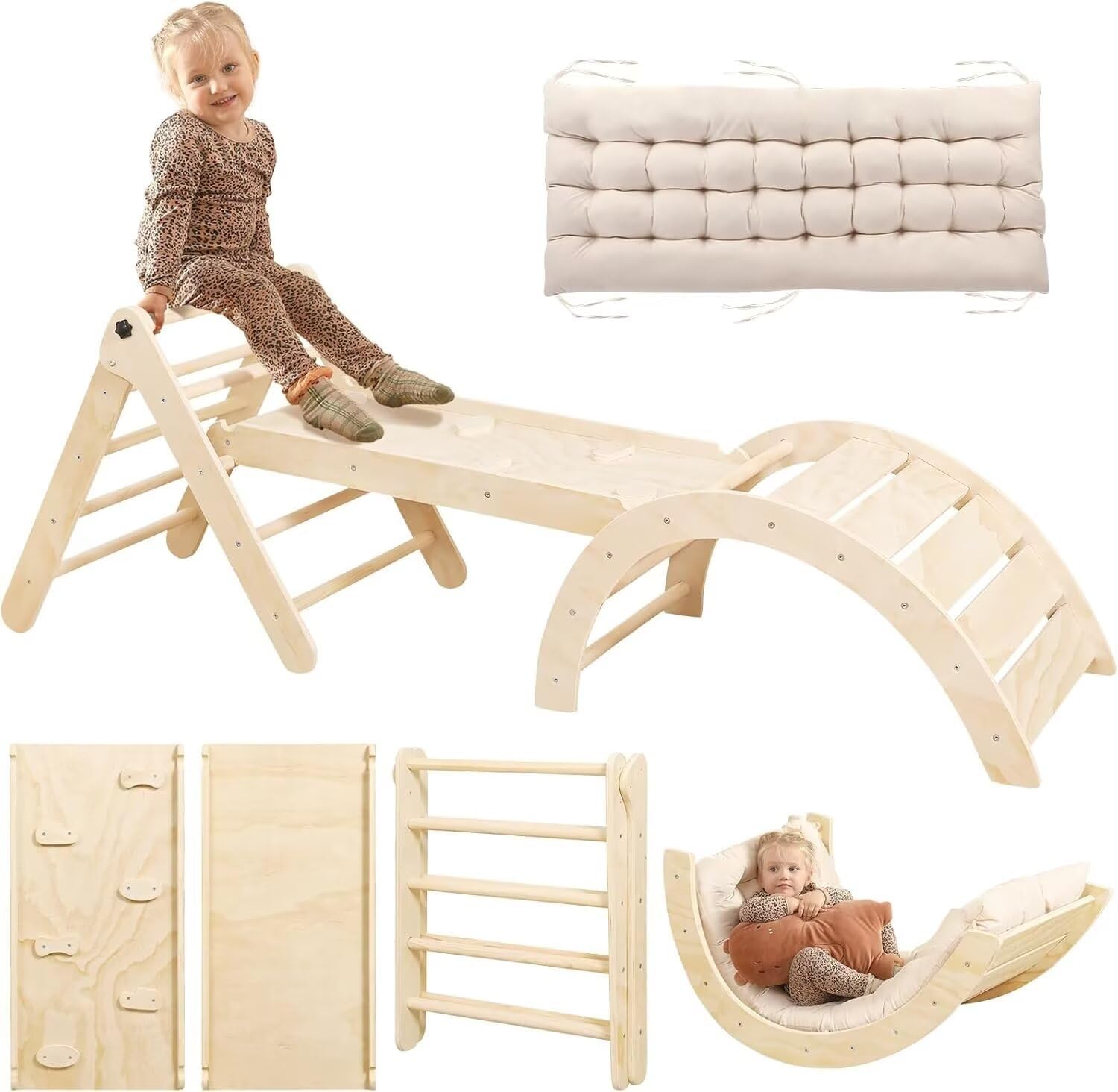 Pikler Triangle Set with Cushion, 7 in 1 Toddler Climbing Toys Indoor | Foldable Space-saving Design, Montessori-inspired Learning, Reversible Slide & Ramp, ASTM F963 Standards for Toddlers 18M-5Y Pikler Triangle Set with Cushion, 7 in 1 Toddler Climbing Toys Indoor | Foldable Space-saving Design, Montessori-inspired Learning, Reversible Slide & Ramp, ASTM F963 Standards for Toddlers 18M-5Y
