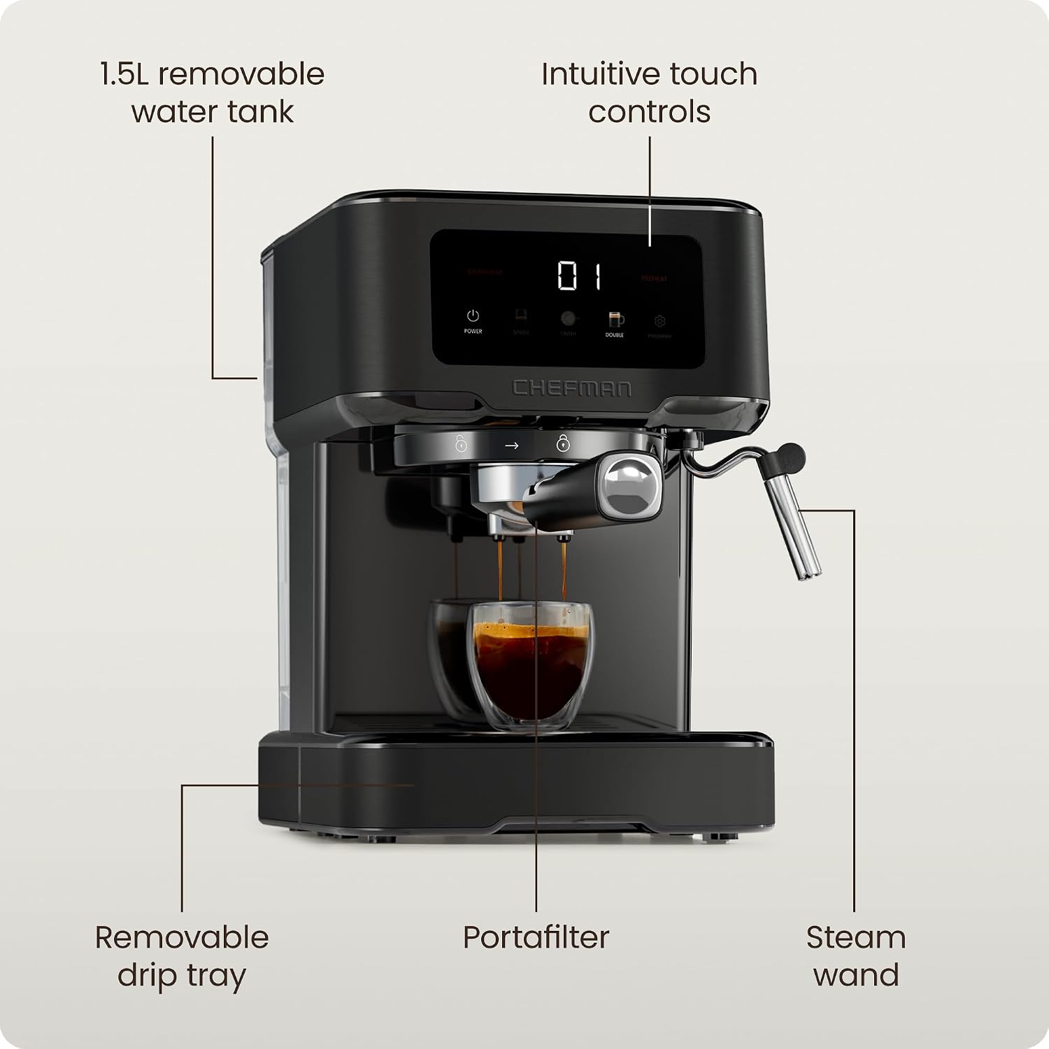 Chefman CraftBrew Espresso Machine, 15-Bar Pump Digital Espresso Maker w/Steam Wand for Latte & Cappuccino, Compact Espresso Coffee Machine w/ 1.5L Removable Water Reservoir - Stainless Black Chefman CraftBrew Espresso Machine, 15-Bar Pump Digital Espresso Maker w/Steam Wand for Latte & Cappuccino, Compact Espresso Coffee Machine w/ 1.5L Removable Water Reservoir - Stainless Black - Image 6