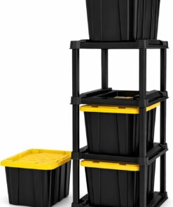 Sterilite 4-Tier Tote Rack with 4-Pack 27 Gallon Industrial Storage Totes | Shelving Unit and Heavy-Duty and Stackable Utility Box Containers for Home, Office, and Basement Organization, Black/Yellow