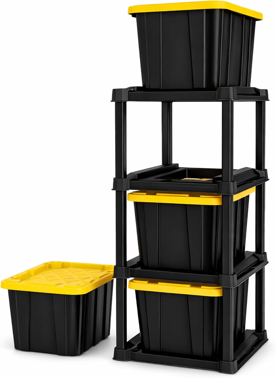 Sterilite 4-Tier Tote Rack with 4-Pack 27 Gallon Industrial Storage Totes | Shelving Unit and Heavy-Duty and Stackable Utility Box Containers for Home, Office, and Basement Organization, Black/Yellow Sterilite 4-Tier Tote Rack with 4-Pack 27 Gallon Industrial Storage Totes | Shelving Unit and Heavy-Duty and Stackable Utility Box Containers for Home, Office, and Basement Organization, Black/Yellow