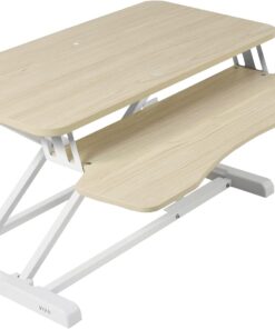 VIVO Light Wood 32 inch Standing Desk Converter, DESK-V000KF | Height Adjustable, Stand Up Desk Riser, Wide Keyboard Tray, Dual Monitor and Laptop Workstation, White Frame, K Series