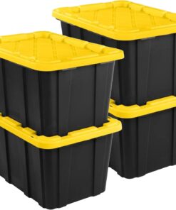 Sterilite Industrial Storage Tote with Lids for Garage, 27 Gallon, 4-Pack | Heavy-Duty and Stackable Utility Box Containers for Home, Office, and Basement Organization, Black/Yellow