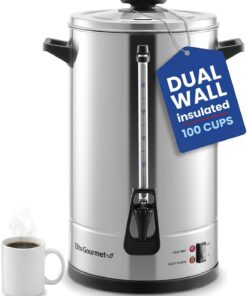Elite Gourmet 100-Cup Commercial Coffee Urn & Hot Water Boiler, Dual-Wall | Dripless Faucet, Stainless Steel, CCM810