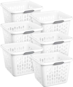 Sterilite Square Laundry Basket, Plastic Clothes Hamper, 6-Pack | 1.5 Bushel Capacity, White, Dirty Clothing Storage, Ventilated Rectangular Holes & Large Comfort Grip Handles for Easy Carry