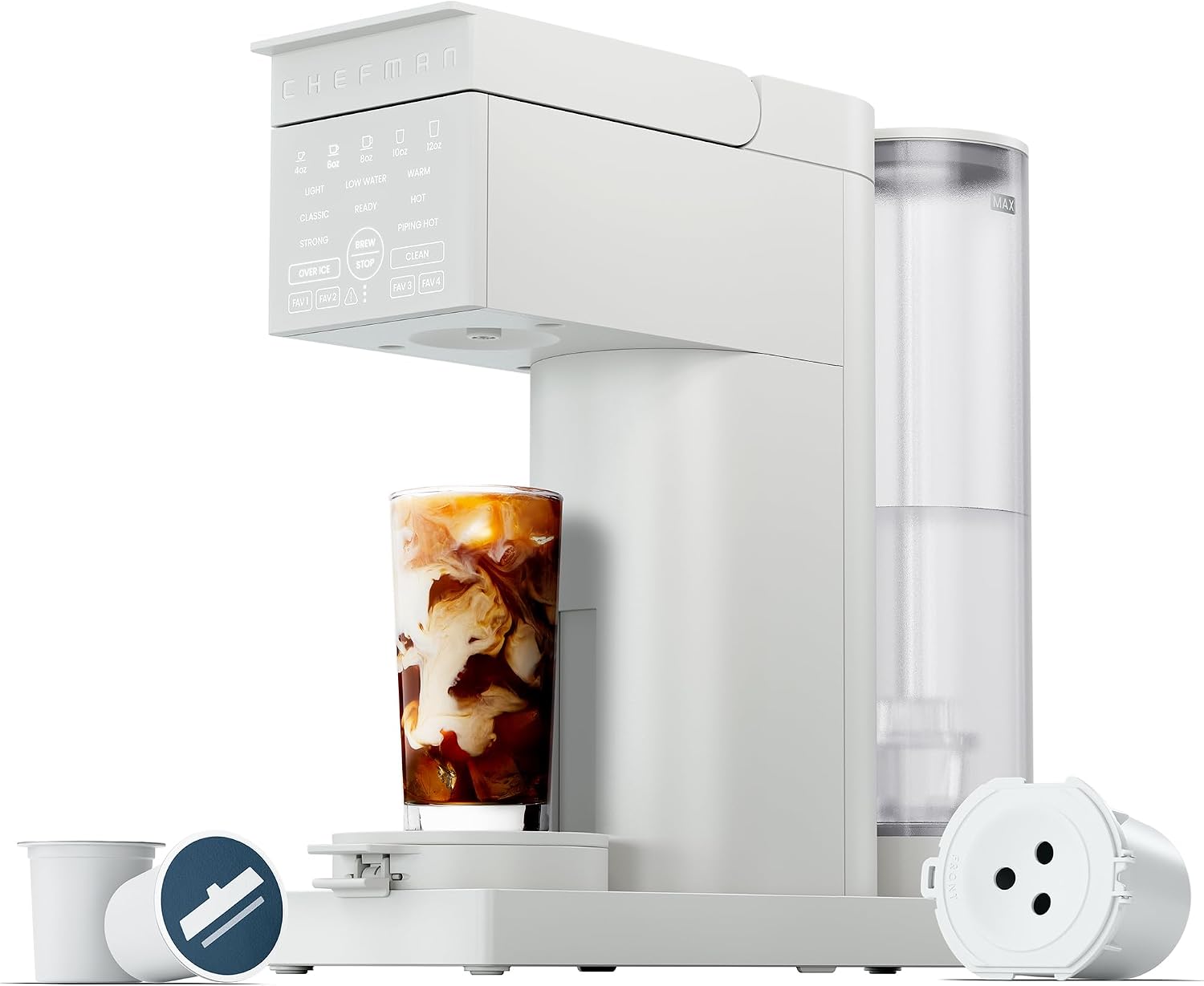 Chefman Caffeinator Single Serve Coffee Maker, Brew Kcups & Grounds, Drip Coffee Machine with Brew Strength Settings, Iced Coffee Function, 45 oz. Removable Water Reservoir Chefman Caffeinator Single Serve Coffee Maker, Brew Kcups & Grounds, Drip Coffee Machine with Brew Strength Settings, Iced Coffee Function, 45 oz. Removable Water Reservoir