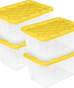 Sterilite Industrial Storage Box with Lids for Garage, 27 Gallon, 4-Pack | Heavy-Duty and Stackable Utility Box Containers for Home, Office, and Basement Organization, Yellow