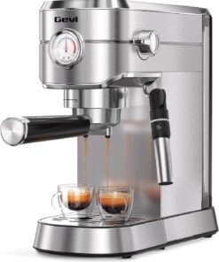 Gevi 20 Bar Espresso Machine with Milk Frother,Compatible with Pods&Ground | Compatible with Nespresso Pods&Ground; Built-in pressure gauge; Removable Water Tank; Make Americanos、Latte; Easy to Clean;