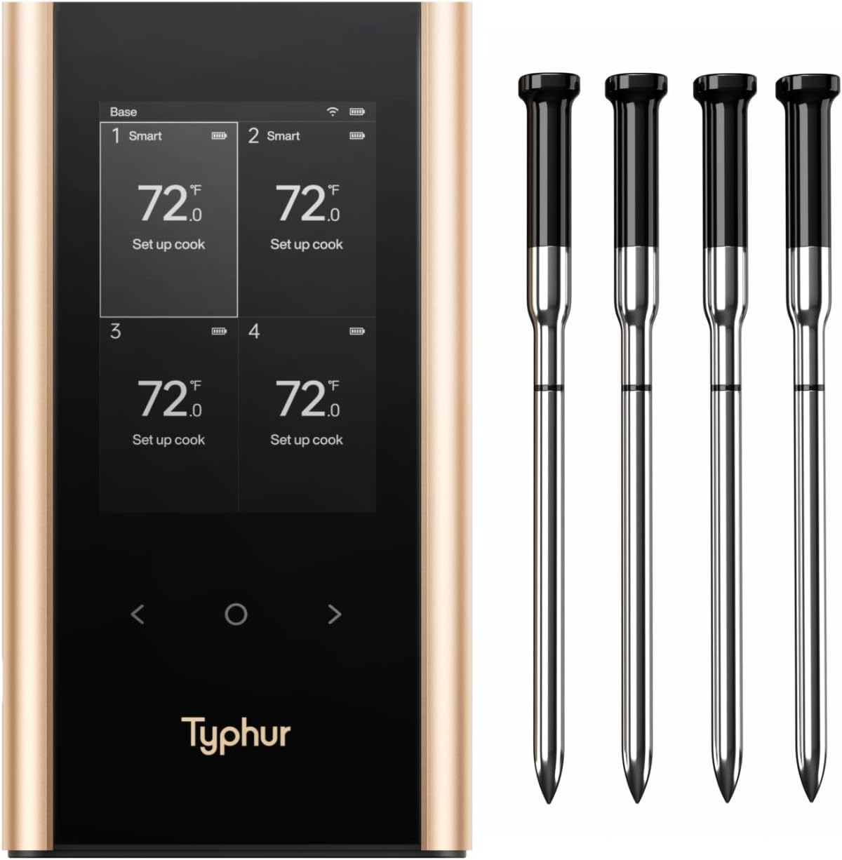 Sync Gold Wireless WiFi Meat Thermometer, 4 Slim Probes, 6 Sensors, 10x Stronger Signal, ±0.5℉ Accuracy, Smart Base Direct Setup, Reliable Reading Through Kamado Grill, BBQ, Oven, Smoker, Air Fryer Sync Gold Wireless WiFi Meat Thermometer, 4 Slim Probes, 6 Sensors, 10x Stronger Signal, ±0.5℉ Accuracy, Smart Base Direct Setup, Reliable Reading Through Kamado Grill, BBQ, Oven, Smoker, Air Fryer