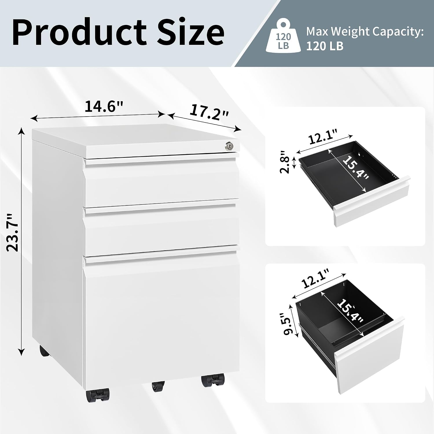 Approgreent Mobile File Cabinet for Home Office, Lockable 3 Drawer Filing Cabinet with Wheels for A4-Size/Letter-Size/Legal-Size, Fully Assembled Except Casters, White Approgreent Mobile File Cabinet for Home Office, Lockable 3 Drawer Filing Cabinet with Wheels for A4-Size/Letter-Size/Legal-Size, Fully Assembled Except Casters, White - Image 3