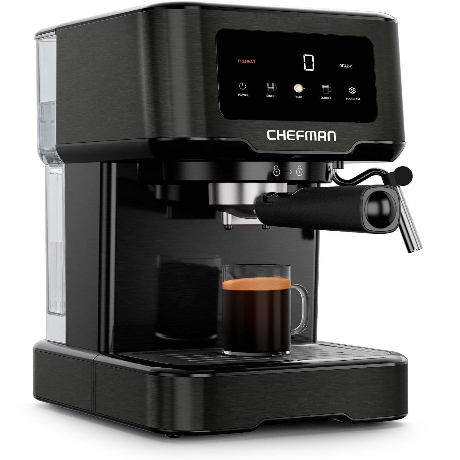 Chefman CraftBrew Espresso Machine, 15-Bar Pump Digital Espresso Maker w/Steam Wand for Latte & Cappuccino, Compact Espresso Coffee Machine w/ 1.5L Removable Water Reservoir - Stainless Black Chefman CraftBrew Espresso Machine, 15-Bar Pump Digital Espresso Maker w/Steam Wand for Latte & Cappuccino, Compact Espresso Coffee Machine w/ 1.5L Removable Water Reservoir - Stainless Black
