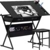 VECELO Drafting Table Art Desk Art Table Adjustable Drawing Table Tilted Tabletop with 2 Storage Drawers and Stool, Drawing Desk for Artist Painters Drawing, Crafting, Reading, Writing, Black
