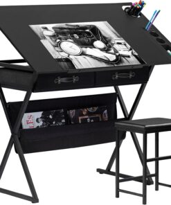 VECELO Drafting Table Art Desk Art Table Adjustable Drawing Table Tilted Tabletop with 2 Storage Drawers and Stool, Drawing Desk for Artist Painters Drawing, Crafting, Reading, Writing, Black