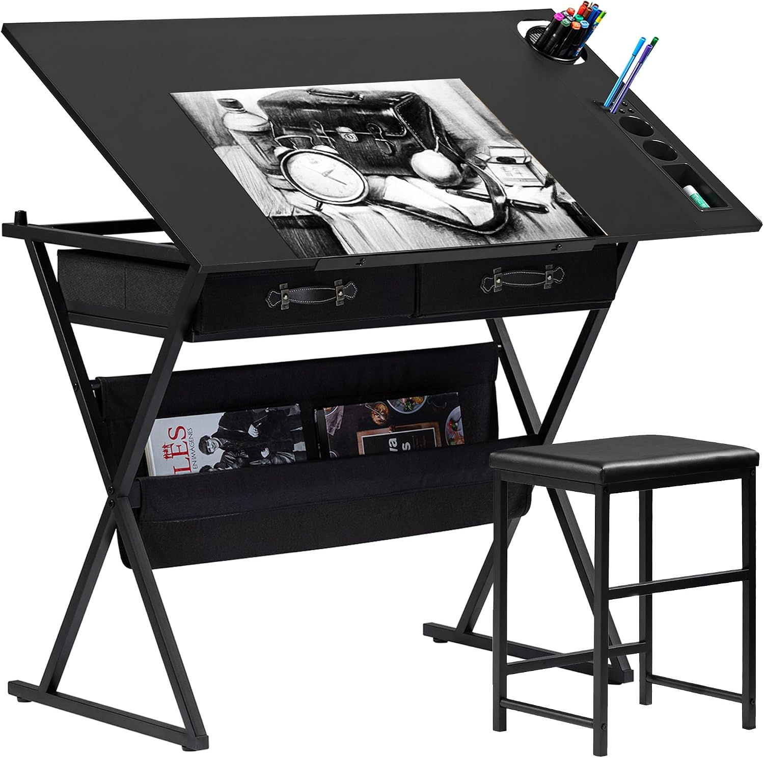 VECELO Drafting Table Art Desk Art Table Adjustable Drawing Table Tilted Tabletop with 2 Storage Drawers and Stool, Drawing Desk for Artist Painters Drawing, Crafting, Reading, Writing, Black VECELO Drafting Table Art Desk Art Table Adjustable Drawing Table Tilted Tabletop with 2 Storage Drawers and Stool, Drawing Desk for Artist Painters Drawing, Crafting, Reading, Writing, Black
