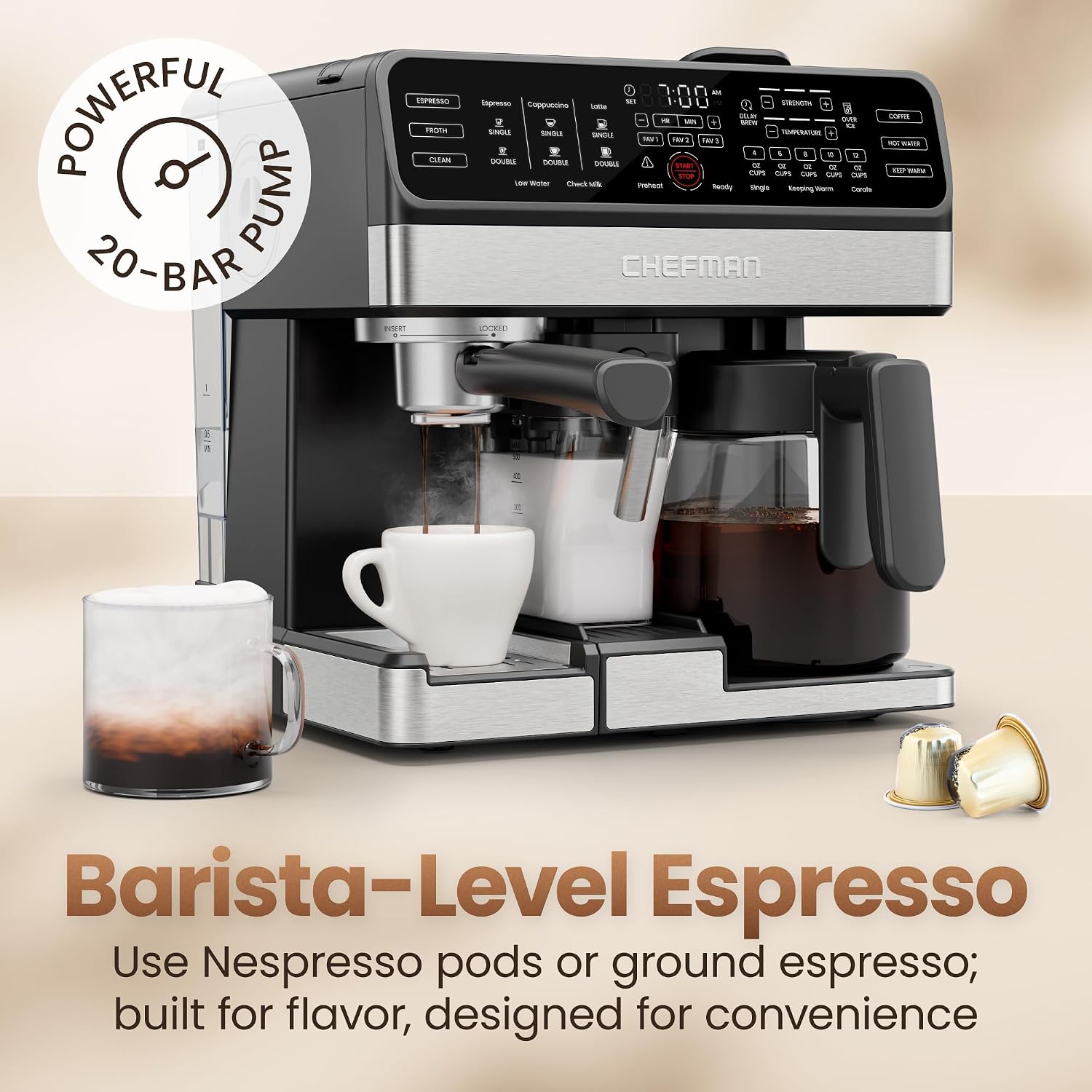 Chefman Coffee Maker Espresso Machine Combo, 8-in-1 Coffee Station with Automatic Milk Frother for Lattes, Cappuccinos, Macchiatos, 20-Bar Pump, 12-Cup Carafe & 3L Water Tank - Black Chefman Coffee Maker Espresso Machine Combo, 8-in-1 Coffee Station with Automatic Milk Frother for Lattes, Cappuccinos, Macchiatos, 20-Bar Pump, 12-Cup Carafe & 3L Water Tank - Black - Image 4