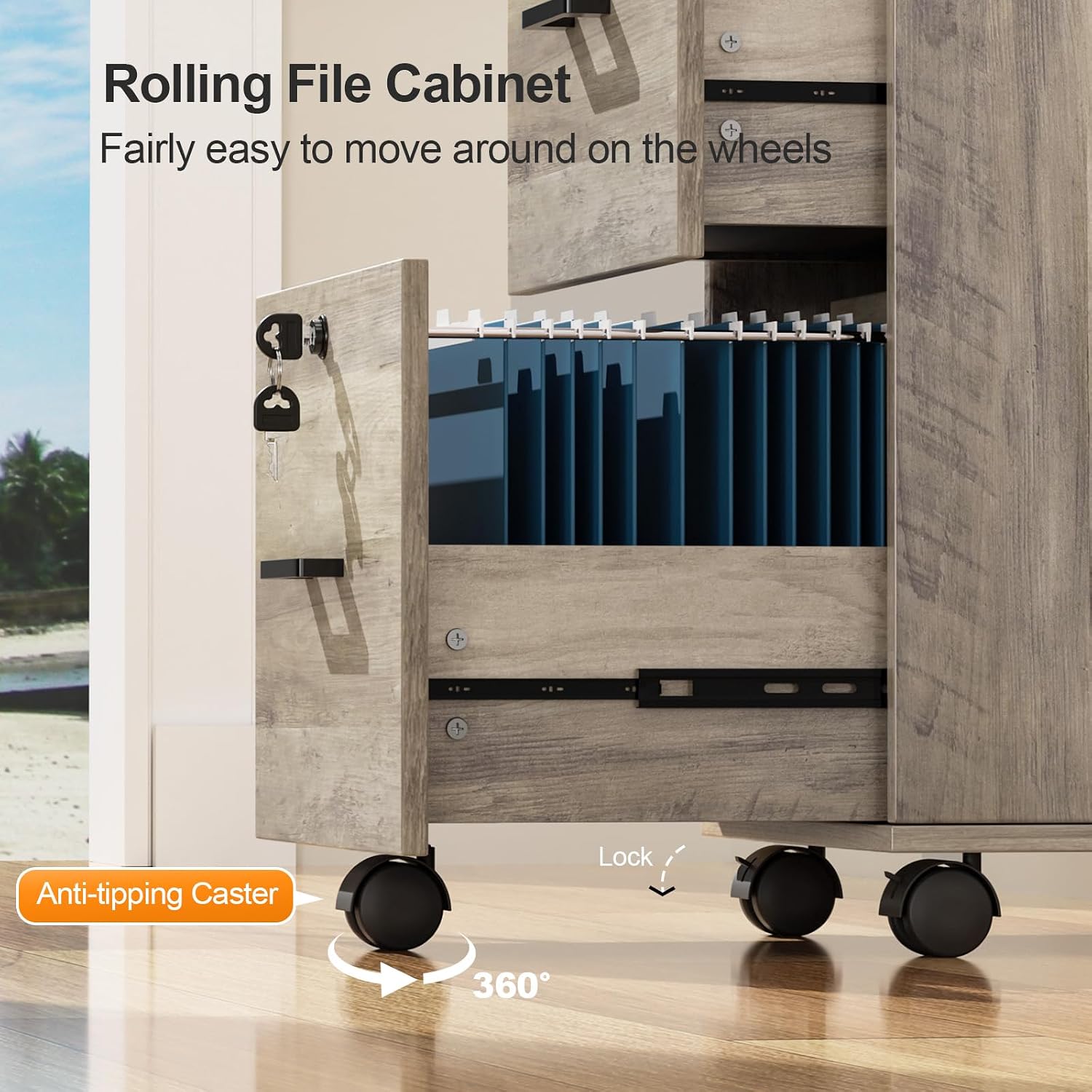 VINGLI 2 Drawer File Cabinet with Lock, Wood Rustic Gray Filing Cabinet for Letter Size File Folders with Tabs, Under Desk Rolling File Cabinets for Home Office, Mobile File Organization Printer Stand VINGLI 2 Drawer File Cabinet with Lock, Wood Rustic Gray Filing Cabinet for Letter Size File Folders with Tabs, Under Desk Rolling File Cabinets for Home Office, Mobile File Organization Printer Stand - Image 6