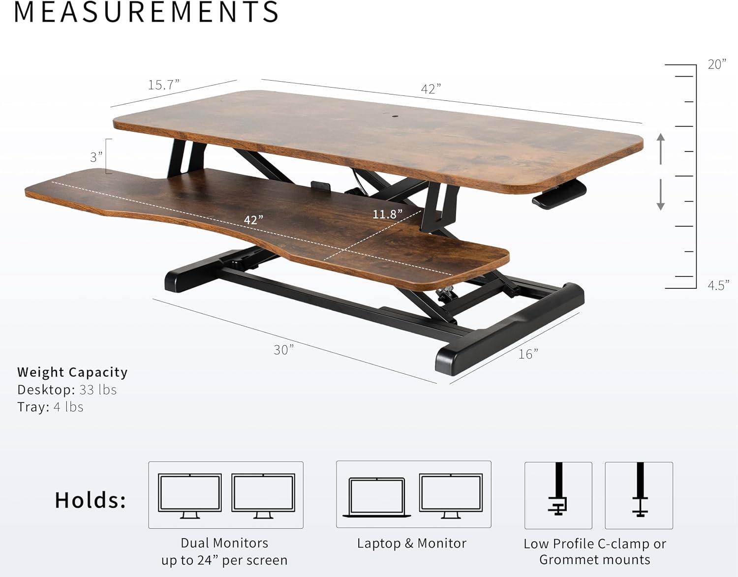 VIVO Rustic Vintage Brown 42 inch Standing Desk Converter, DESK-V042KN | Large, Height Adjustable, Stand Up Desk Riser, Wide Keyboard Tray, Dual Monitor and Laptop Workstation, Black Frame, K Series VIVO Rustic Vintage Brown 42 inch Standing Desk Converter, DESK-V042KN | Large, Height Adjustable, Stand Up Desk Riser, Wide Keyboard Tray, Dual Monitor and Laptop Workstation, Black Frame, K Series - Image 3