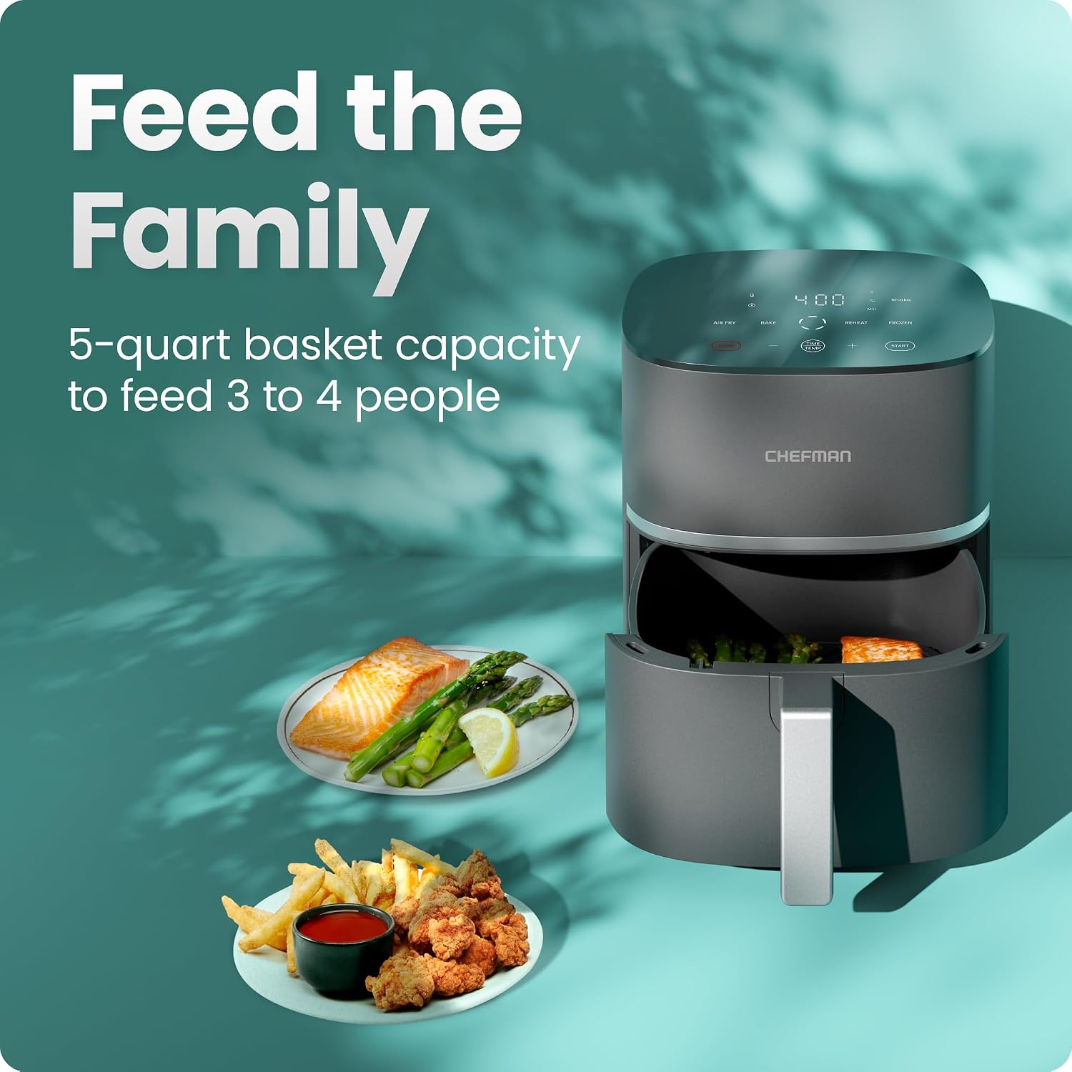 Chefman TurboX 4-in-1 Air Fryer, 5-Quart Airfryer for Extra Crispy Chicken, Fries, Wings, and More, Air Fry, Bake, Reheat, and Frozen Functions, Digital Touch Controls, Dishwasher Safe - Gray Chefman TurboX 4-in-1 Air Fryer, 5-Quart Airfryer for Extra Crispy Chicken, Fries, Wings, and More, Air Fry, Bake, Reheat, and Frozen Functions, Digital Touch Controls, Dishwasher Safe - Gray - Image 3