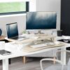 VIVO Light Wood 32 inch Standing Desk Converter, DESK-V000KF | Height Adjustable, Stand Up Desk Riser, Wide Keyboard Tray, Dual Monitor and Laptop Workstation, White Frame, K Series