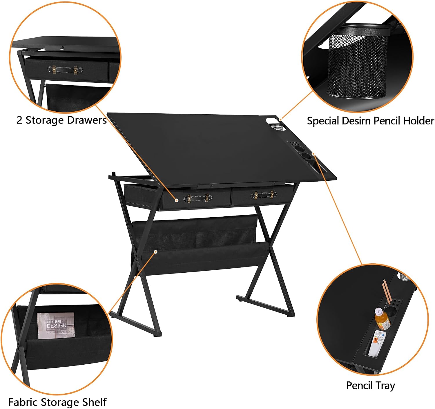 VECELO Drafting Table Art Desk Art Table Adjustable Drawing Table Tilted Tabletop with 2 Storage Drawers and Stool, Drawing Desk for Artist Painters Drawing, Crafting, Reading, Writing, Black VECELO Drafting Table Art Desk Art Table Adjustable Drawing Table Tilted Tabletop with 2 Storage Drawers and Stool, Drawing Desk for Artist Painters Drawing, Crafting, Reading, Writing, Black - Image 8